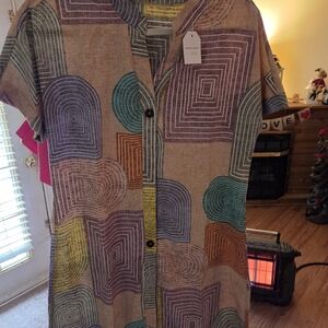 Geometric Patterned Short Sleeve Dress With Buttons